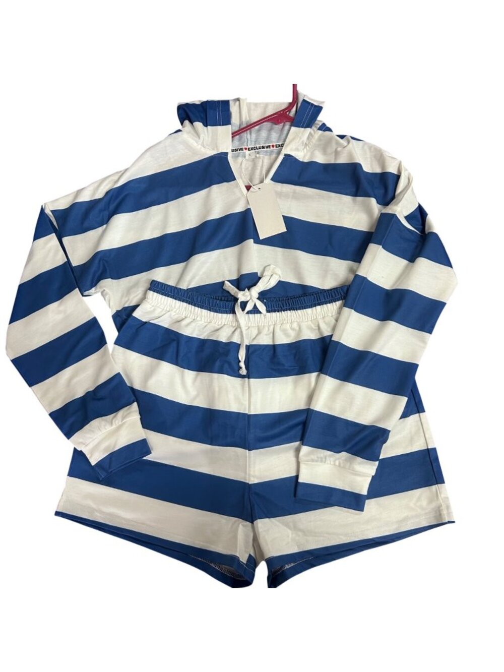NEW Blue & White Striped Hoodie & Shorts Set Long Sleeve Lightweight Casual Size